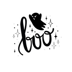 Happy Halloween vector lettering. Holiday calligraphy with spider and web for banner, poster, greeting card, party invitation. Isolated illustration.