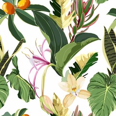 Seamless pattern with Fortunella or Kumquat exotic fruits, Medinilla flowers, and exotic tropical leafs on a white background for print, cloth texture or wallpaper.