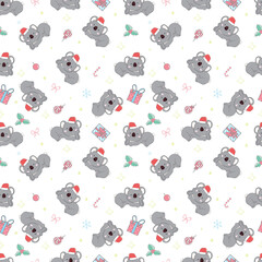Fototapeta premium Koala with Santa hat pattern New Year seamless pattern. For scrapbooking paper, gift wrapping, wallpaper. Children's holiday, vector, illustration.