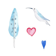 Paint set of watercolor on feathers, bird and hearts a white background. Use for invitations, birthdays