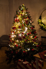 small lights garlands hanging on a white wall, taken in the evening, close-up, macro photography