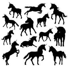 A set of illustrations of silhouettes of unicorns in different poses. Vector images of black horses on a white background