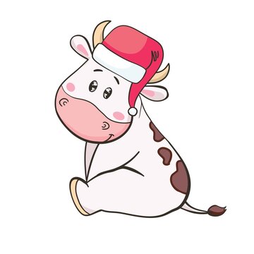 Cute cartoon bull in Santa Claus hat on white background. Happy Christmas