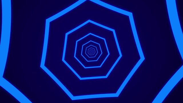 Simple light tunnel with blue heptagonal elements on a dark blue background. Simple seamless motion graphic animation