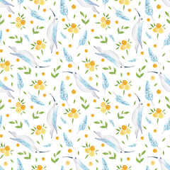 Fototapeta na wymiar Watercolor birds and flowers seamless pattern. Watercolor fabric. Repeat flowers. Use for design invitations, birthdays