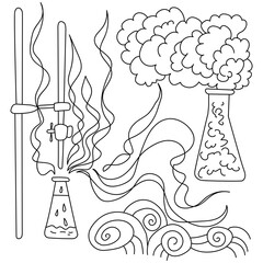 Science coloring page with laboratory instruments and utensils, ornate patterns depicting violent reaction in flasks