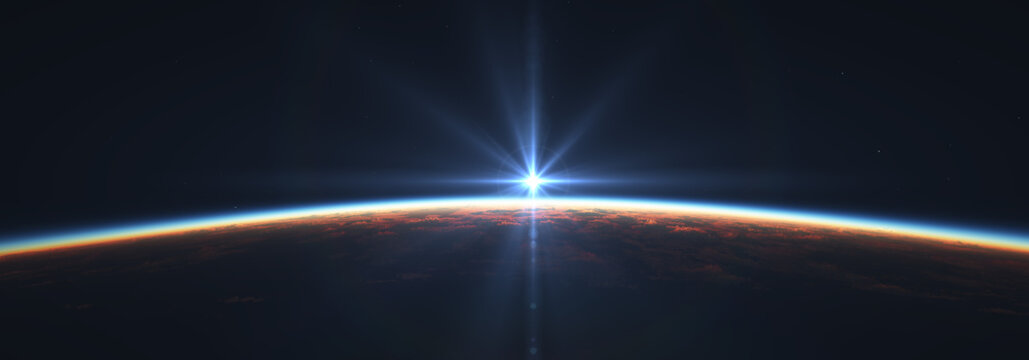 Earth sunrise from space over cloudy ocean. 3d rendering