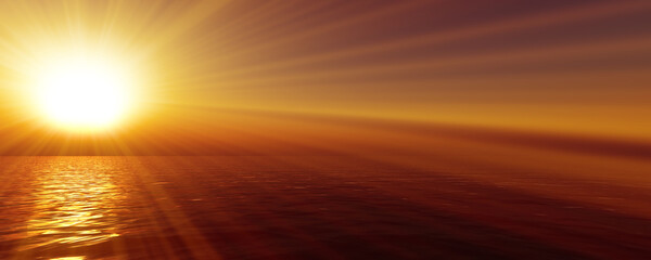 Plakat sunset sea sun ray clear sky. 3d rendering