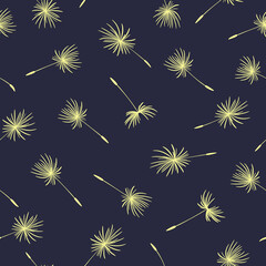 Small dandelion seeds flying on a blue background. The texture looks like a dark sky with stars. Seamless floral pattern. Vector illustration with dandelions. Fashion print, digital paper