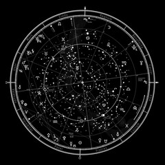 Astrological Celestial Map of The Northern Hemisphere. The General Global Universal Horoscope on January 1, 2021 (00:00 GMT). Detailed chart with symbols and signs of Zodiac, planets, asteroids & etc.