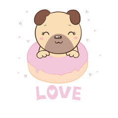 Cute pug with a donut illustration on a white background. Vector, illustration.