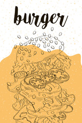 delicious hamburger fast food drawn icon and lettering