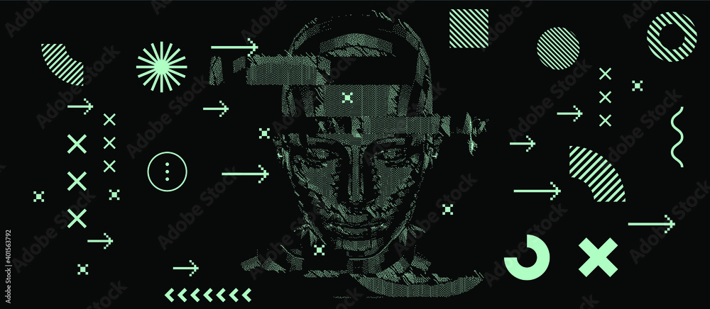 Poster Low poly android head made of pixels and particles. Artificial Intelligence, Neural network and futuristic technology concept.  