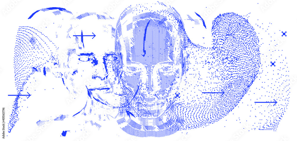 Poster Low poly android head made of pixels and particles. Artificial Intelligence, Neural network and futuristic technology concept.  