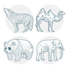 group of four animals characters drawn style icons