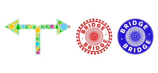 Bifurcation arrows left right collage of Christmas symbols, such as stars, fir-trees, colored round items, and BRIDGE corroded stamp seals. Vector BRIDGE stamp seals uses guilloche pattern,