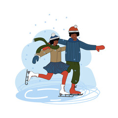 Ice skating couple. A dark-skinned man and woman are dressed in outerwear. Time together. Winter outdoor recreation. Hand-drawn outlines. Vector illustration outdoors. Isolated over white background