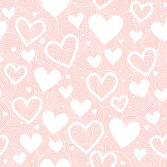Ornate seamless vector pattern with hearts. Hand draw decor on pink background. Valentine's Day wallpaper.
