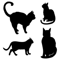 Vector illustrations of black silhouettes sitting cats set isolated on white background