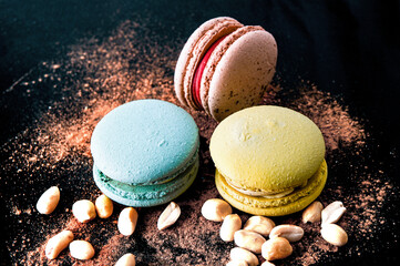 Healthy organic energy sweet. Macaron cakes in a dark key.
