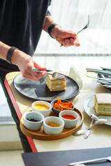 piece of cake biscuit cream sweet dessert layers vanilla kurd ready to cook and eat on the table for healthy meal snack outdoor top view copy space for text food background rustic image