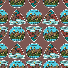 Camping adventure badges pattern. Outdoor hiking seamless background with mountains scenes, river. Stock vector labels texture