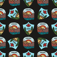 Camping adventure badges pattern. Outdoor hiking seamless background with mountains scenes, scouts. Stock vector labels texture