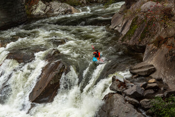 Kayaker In River At Smoky Mountains In Tennessee