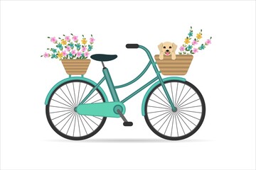 Blue bike complete with two flower baskets. A cute puppy is sitting in a basket. Vector illustration.