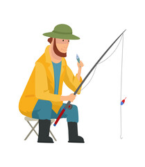 Fisherman flat icons. Fishing people with fish and equipment  set. Fishing equipment, leisure and hobby catch fish illustration.