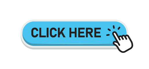 Click here button with clicking hand icon. Flat design style.