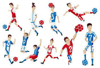Fototapeta na wymiar Set of football player characters showing different actions. Cheerful soccer player standing, running, kicking the ball, jumping, celebrating victory. Simple style illustration.