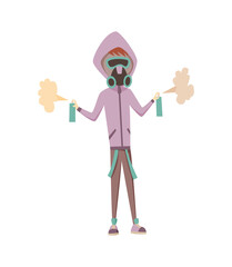  young man painting graffiti on a wall in gas mask.