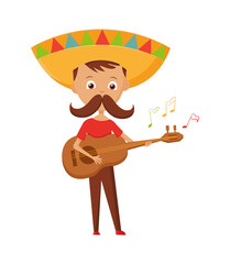 Mexican boy with mustache and sombrero playing the guitar, mexican greeting card holiday,  illustration.