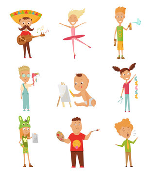 Set of kid activity, kid painting a picture, playing a guitar, Dancing Ballet, cutting color paper, sings a song.  and illustration.