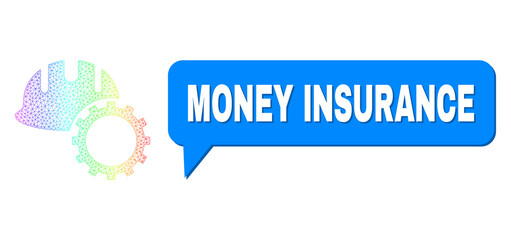 Money Insurance and development hardhat vector. Rainbow colored net development hardhat, and speech Money Insurance bubble frame. Speech colored Money Insurance cloud has shadow.