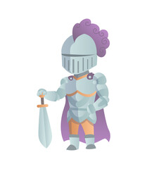 Medieval Knight In Full Armor Flat Illustration. The comic caricature. Funny Cartoon Knight.