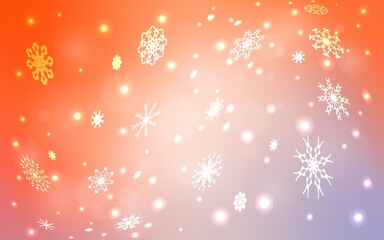 Light Orange vector template with ice snowflakes. Snow on blurred abstract background with gradient. New year design for your ad, poster, banner.