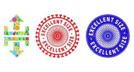 Divide vertical direction composition of New Year symbols, such as stars, fir trees, colored spheres, and EXCELLENT SIZE unclean stamp seals. Vector EXCELLENT SIZE imprints uses guilloche pattern,