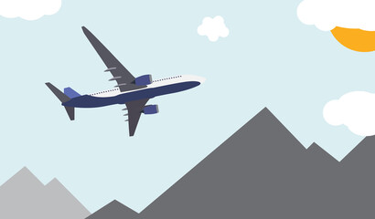 Flat airliner flying in the sky. Side view from the bottom. Vector Illustration