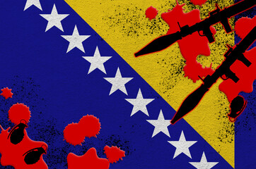 Bosnia and Herzegovina flag and rocket launchers with grenades in blood. Concept for terror attack...