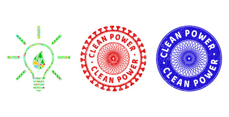 Eco light bulb mosaic of Christmas symbols, such as stars, fir-trees, bright round items, and CLEAN POWER rough stamp seals. Vector CLEAN POWER stamp seals uses guilloche ornament,