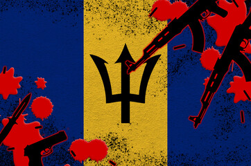 Barbados flag and guns in red blood. Concept for terror attack and military operations