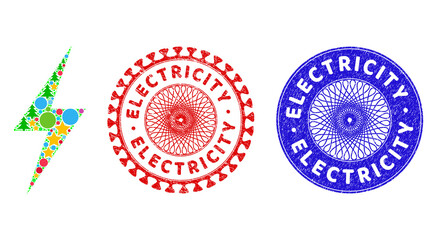 Electricity composition of Christmas symbols, such as stars, fir trees, colored balls, and ELECTRICITY rubber stamp prints. Vector ELECTRICITY imprints uses guilloche ornament,