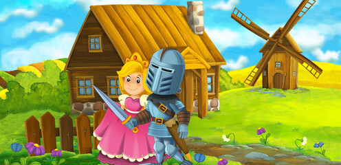 cartoon scene with prince and princess on the farm ranch traveling