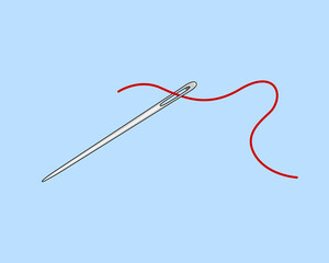 Needle with a red thread threaded through it.