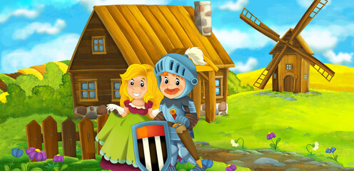 cartoon scene with prince and princess on the farm ranch traveling