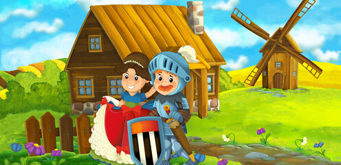 cartoon scene with prince and princess on the farm ranch traveling