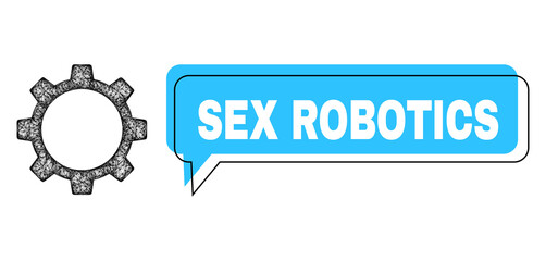 Speech Sex Robotics blue cloud frame and wire frame gear wheel. Frame and colored area are shifted to Sex Robotics phrase, which is located inside blue colored speech balloon.