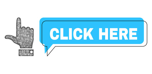 Chat Click Here blue cloud frame and net mesh hand pointer up. Frame and colored area are misplaced to Click Here phrase, which is located inside blue colored speech balloon.
